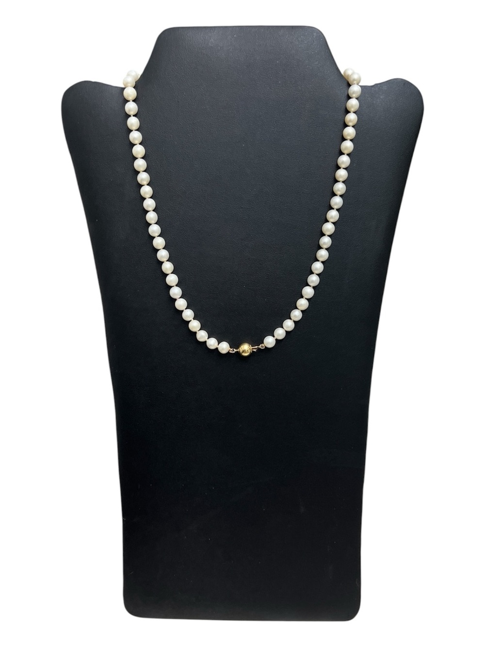 Classic 14K Gold Ball Clasp Cultured Pearl Necklace 18" Silk Knotted 6.5mm